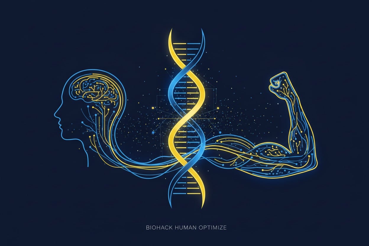 Rappresentazione stilizzata di un profilo umano e un braccio muscoloso collegati da una doppia elica di DNA, con circuiti digitali su sfondo blu scuro.